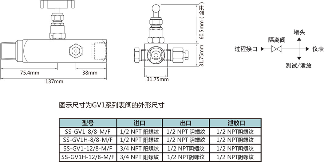 GV1系列压力表阀型号尺寸规格参数表一 GV1系列压力表阀型号尺寸规格参数表一